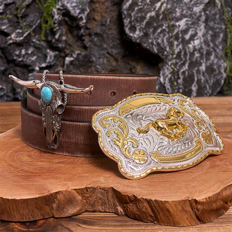 Ensemble de boucles de ceinture en or et pendentif taureau turquoise à longues cornes - Cheval - Ceinture marron vieillie - 42 - image 6