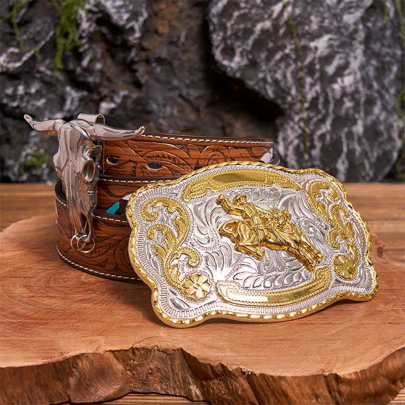 Ensemble de boucles de ceinture et pendentifs pour équitation, motif taureau à longues cornes - Cheval - Ceinture à plumes marron - 40 - image 0