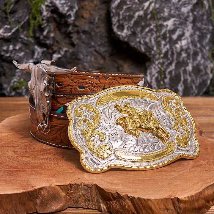 Ensemble de boucles de ceinture et pendentifs pour équitation, motif taureau à longues cornes - Cheval - Ceinture à plumes marron - 40 - image 0