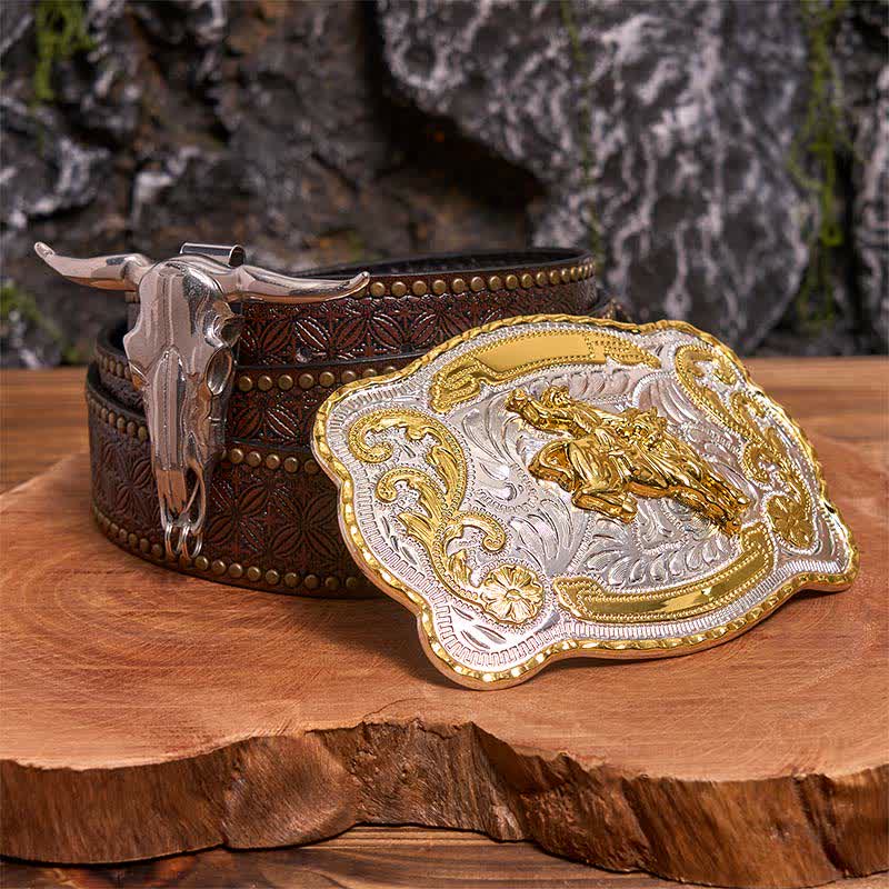 Ensemble de boucles de ceinture et pendentifs pour équitation, motif taureau à longues cornes - Cheval - Ceinture à rivets marron - 42 - image 5