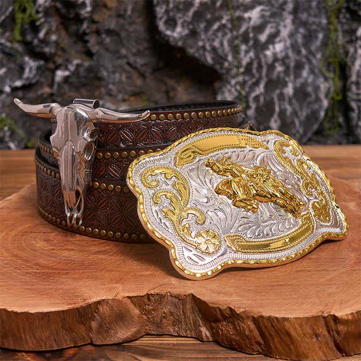 Ensemble de boucles de ceinture et pendentifs pour équitation, motif taureau à longues cornes - Cheval - Ceinture à rivets marron - 42 - image 5