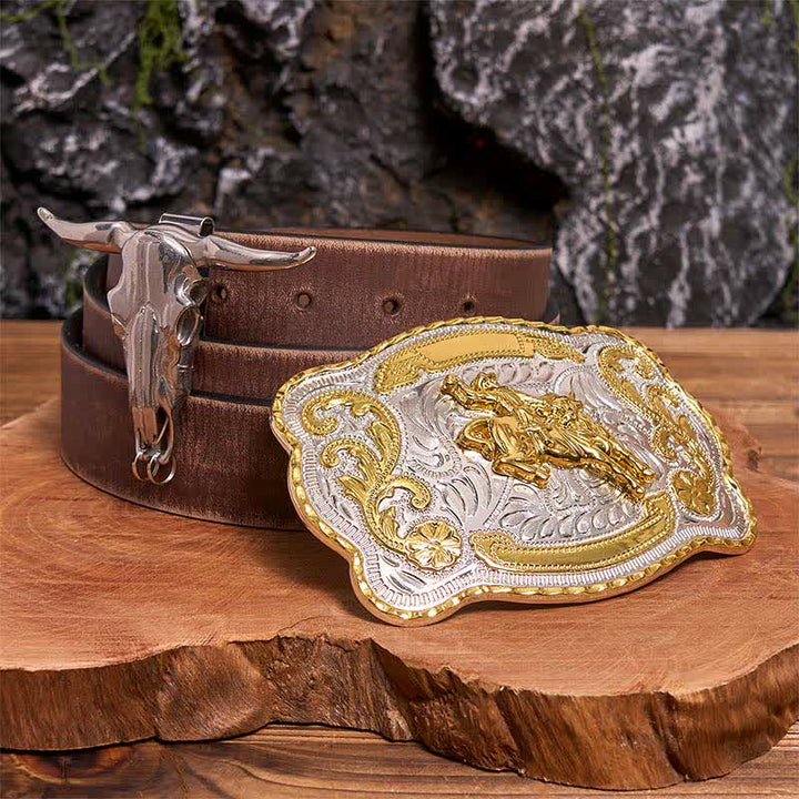 Ensemble de boucles de ceinture et pendentifs pour équitation, motif taureau à longues cornes - Cheval - Ceinture marron vieillie - 42 - image 6