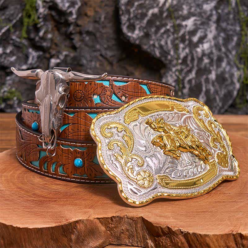 Ensemble de boucles de ceinture et pendentifs pour équitation, motif taureau à longues cornes - Cheval - Ceinture sculptée en turquoise - 42 - image 4