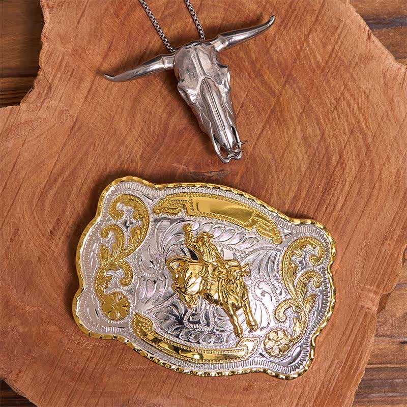 Ensemble de boucles de ceinture et pendentifs pour équitation, motif taureau à longues cornes - Cheval - Sans ceinture - Ceinture non incluse - image 1