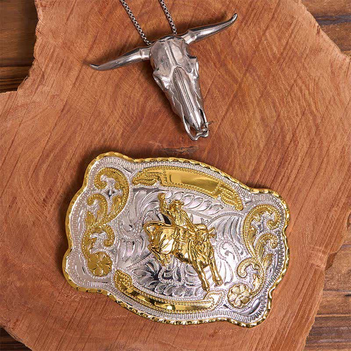 Ensemble de boucles de ceinture et pendentifs pour équitation, motif taureau à longues cornes - Cheval - Sans ceinture - Ceinture non incluse - image 1