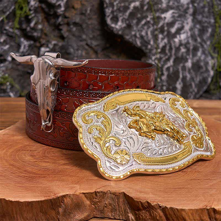 Ensemble de boucles de ceinture et pendentifs pour équitation, motif taureau à longues cornes - Cheval - Ceinture marron sculptée - 42 - image 7