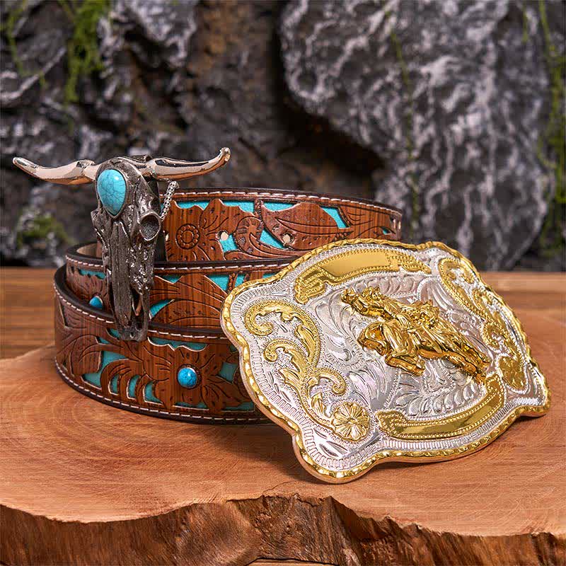 Ensemble de boucles de ceinture et pendentifs de taureaux turquoise à longues cornes pour l'équitation - Équitation - Ceinture sculptée en turquoise - 42 - image 4