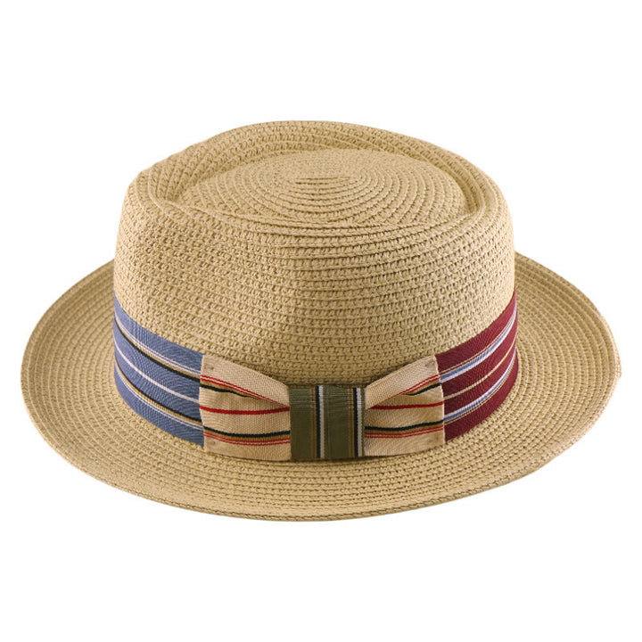 Chapeau de cowboy tissé pour homme avec nœud à rayures colorées - Beige - Nœud papillon coloré épissé - Réglable (21 5/8"-23 1/4") - image 2