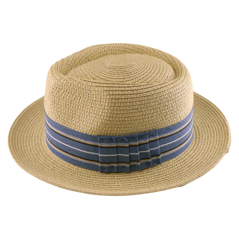Chapeau de cowboy tissé pour homme avec nœud à rayures colorées - Beige - Bande rayée bleue - Réglable (21 5/8"-23 1/4") - image 6