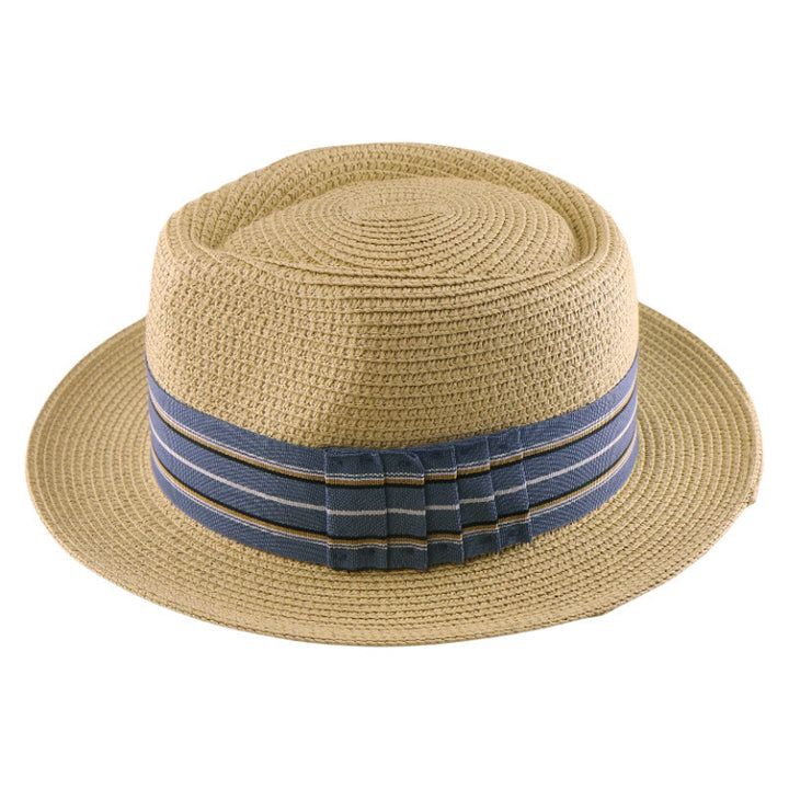 Chapeau de cowboy tissé pour homme avec nœud à rayures colorées - Beige - Bande rayée bleue - Réglable (21 5/8"-23 1/4") - image 6