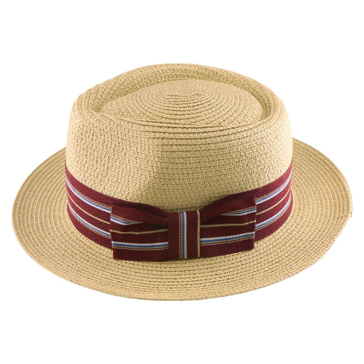 Chapeau de cowboy tissé pour homme avec nœud à rayures colorées - Beige - Bande rayée rouge vin - Réglable (21 5/8"-23 1/4") - image 9