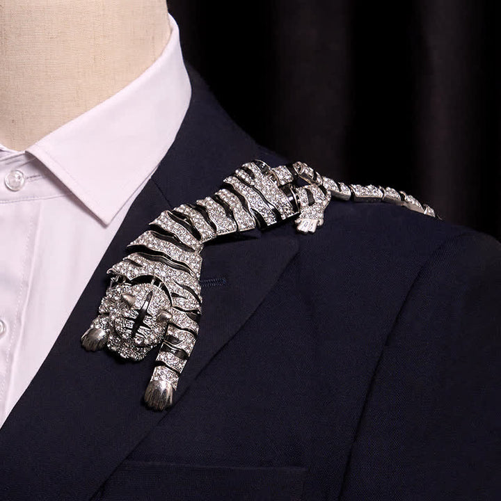 Grande broche de luxe en strass scintillants pour homme, motif tigre majestueux - Argent - image 0