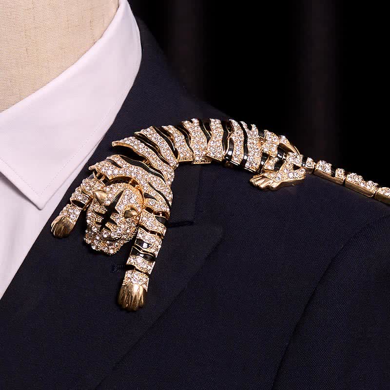 Grande broche de luxe en strass scintillants pour homme, motif tigre majestueux - Or - image 10