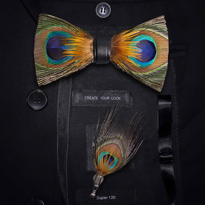 Nœud papillon à plumes et yeux de paon vert avec épingle à revers - Vert - image 0
