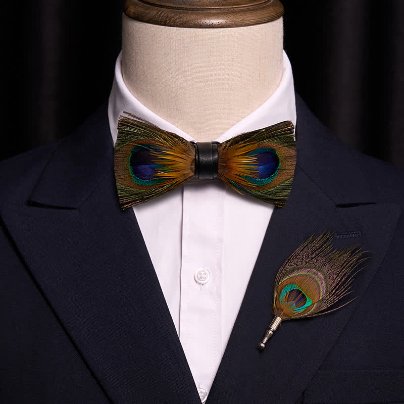 Nœud papillon à plumes et yeux de paon vert avec épingle à revers - image 1