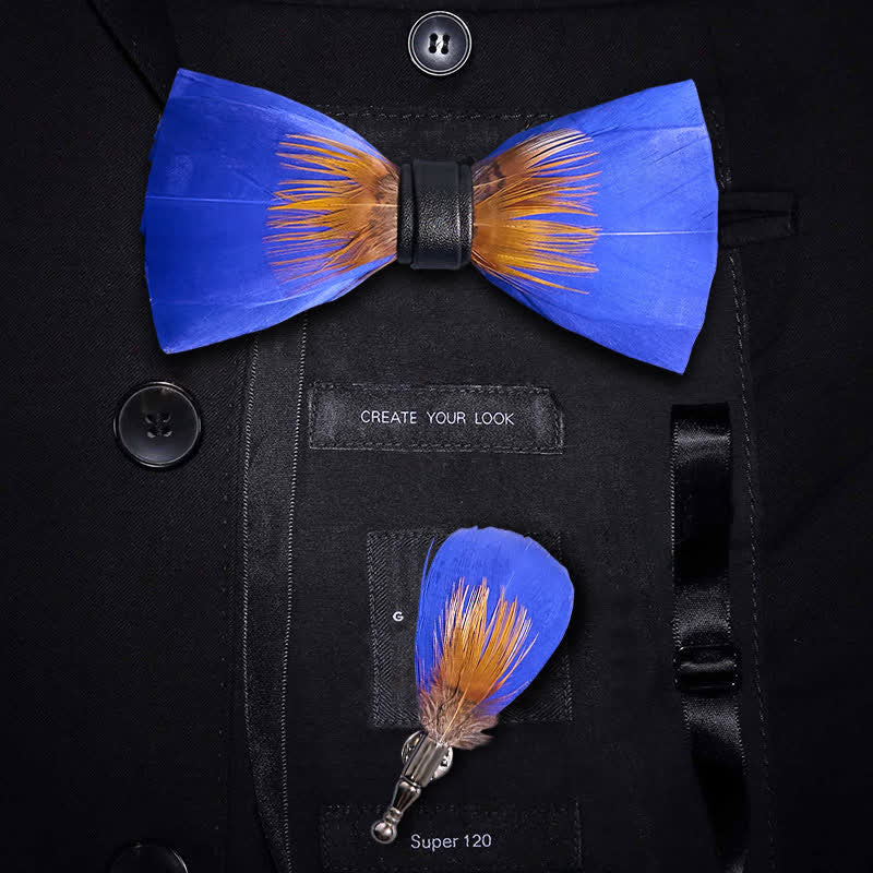 Nœud papillon à plumes bleu roi et orange avec épingle à revers - Bleu royal et orange - image 0