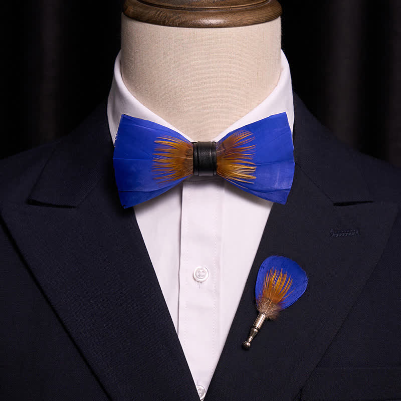 Nœud papillon à plumes bleu roi et orange avec épingle à revers - image 1