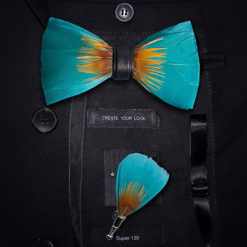 Nœud papillon à plumes vert forêt et jaune avec épingle à revers - Vert forêt et jaune - image 0