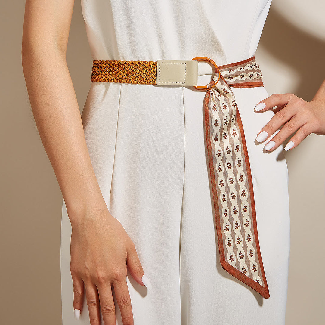 Ceinture en soie imprimée tissée à double boucle pour femme - Orange - image 0
