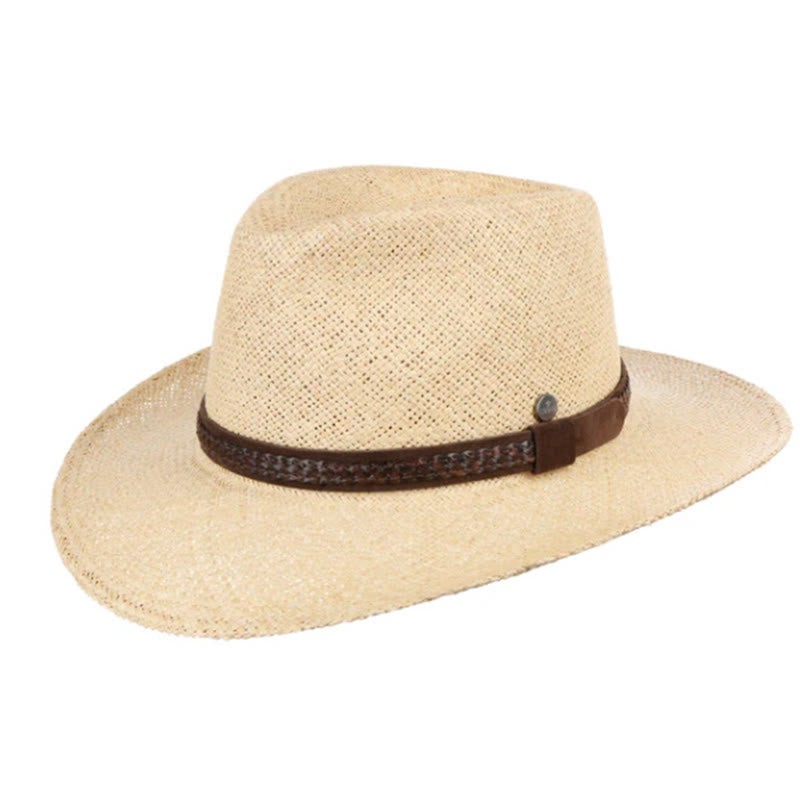 Chapeau de cowboy pour homme tissé à la main de couleur unie avec sangle - Ceinture beige + torsades de pâte frite - L (22 7/8"-23 5/8") - image 6