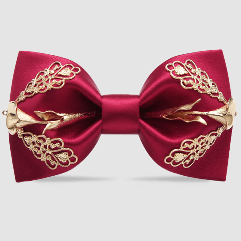 Nœud papillon pour homme à motif de lys calla à fleurs dorées - Rouge - image 0
