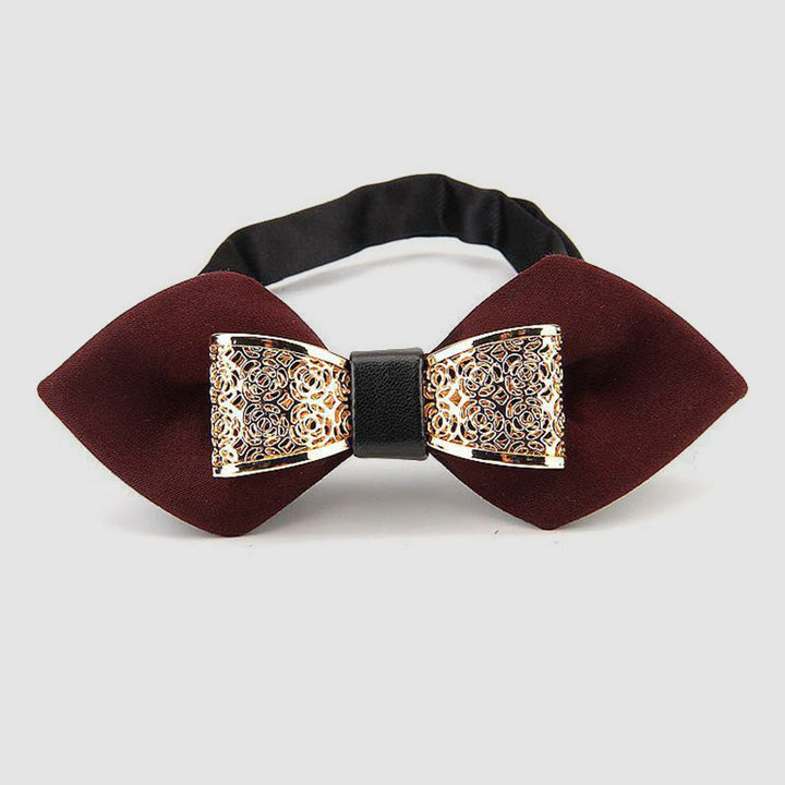 Nœud papillon pointu à fleurs dorées creuses pour homme - Rouge foncé - image 11