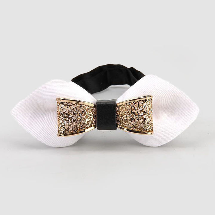 Nœud papillon pointu à fleurs dorées creuses pour homme - Blanc - image 10
