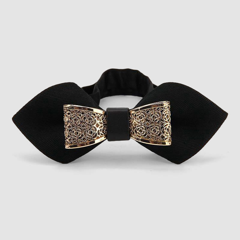 Nœud papillon pointu à fleurs dorées creuses pour homme - Noir - image 0