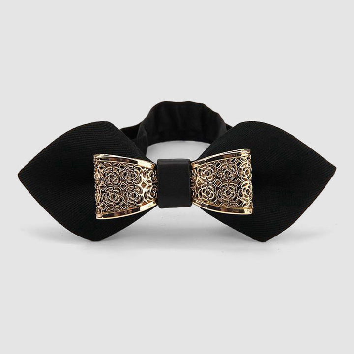 Nœud papillon pointu à fleurs dorées creuses pour homme - Noir - image 0