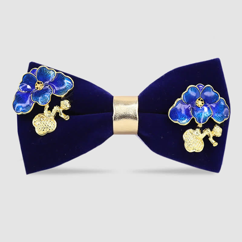 Nœud papillon en émail pour homme avec décor de fleurs et de feuilles - Marine - image 0