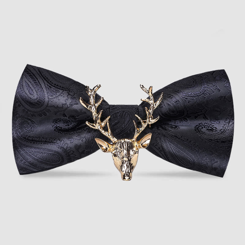 Nœud papillon pour homme avec motif cachemire et tête d'élan de Noël - Noir et or - image 7