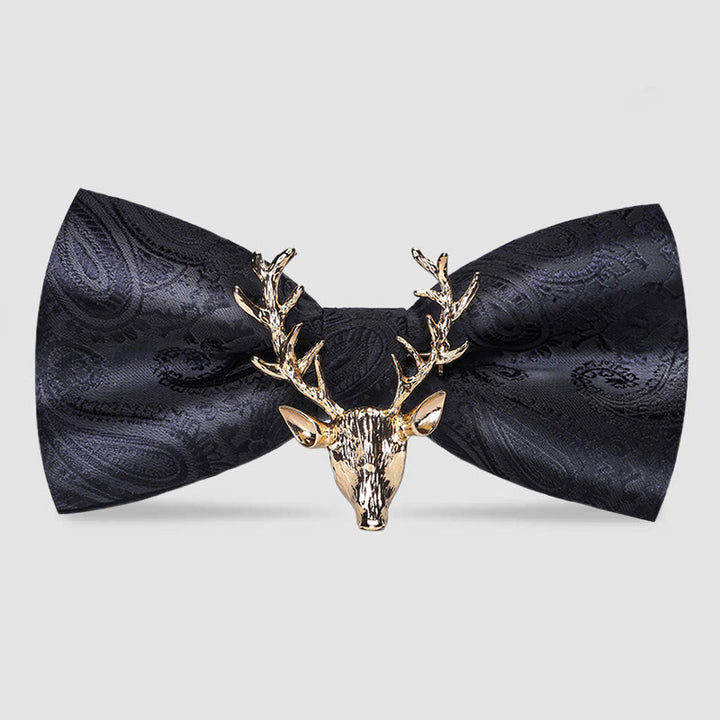 Nœud papillon pour homme avec motif cachemire et tête d'élan de Noël - Noir et or - image 7