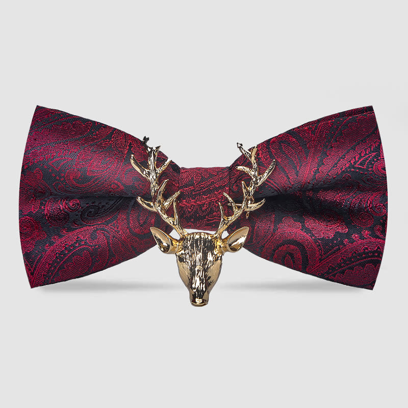 Nœud papillon pour homme avec motif cachemire et tête d'élan de Noël - Bordeaux et Or - image 0