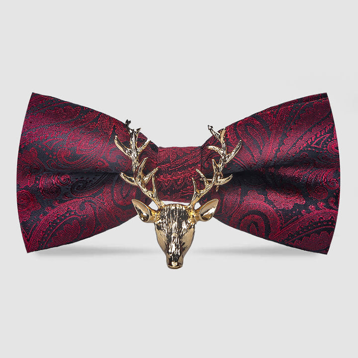 Nœud papillon pour homme avec motif cachemire et tête d'élan de Noël - Bordeaux et Or - image 0
