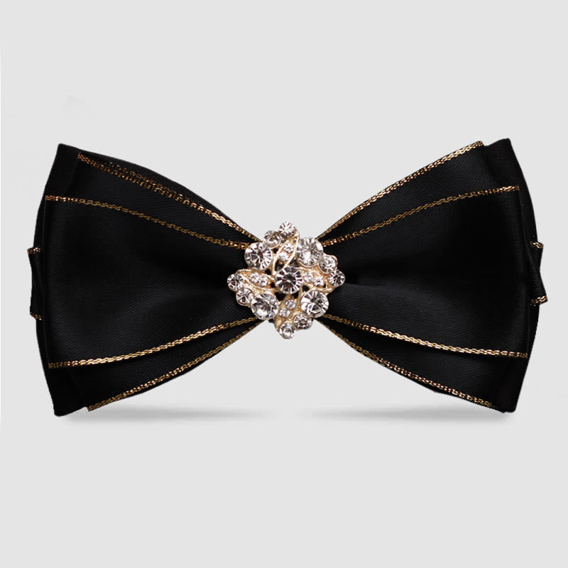 Nœud papillon à fleurs et strass pour homme avec bordure dorée - Noir - image 0