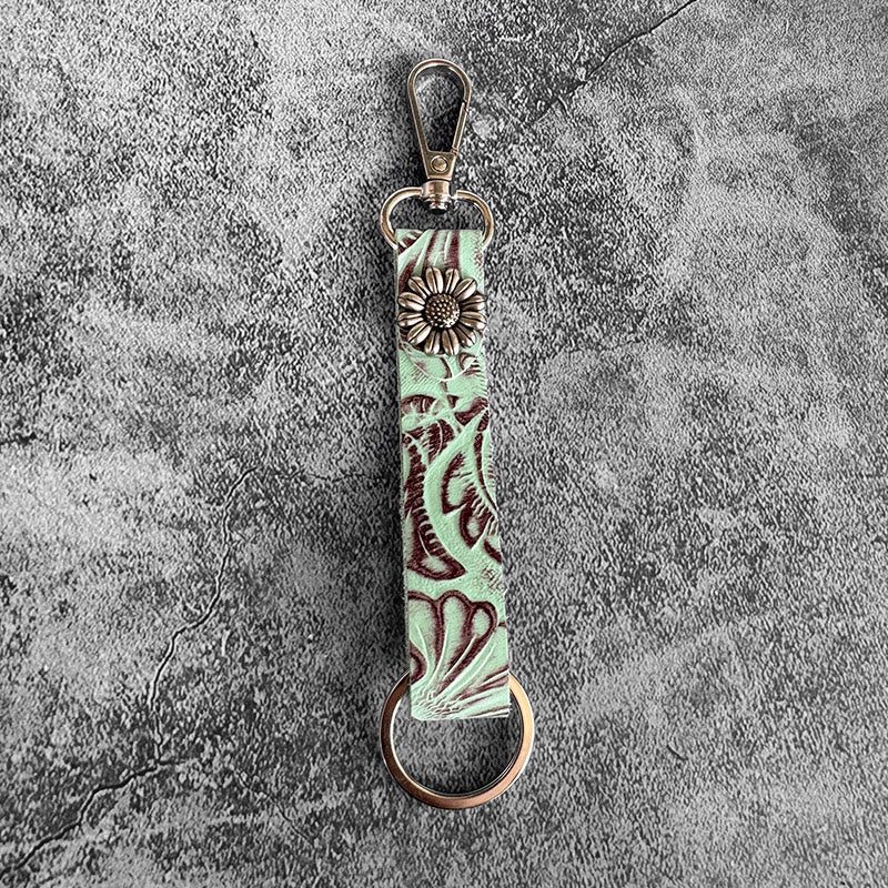 Porte-clés pendentif en cuir véritable gaufré de style occidental - Fleur verte - image 3