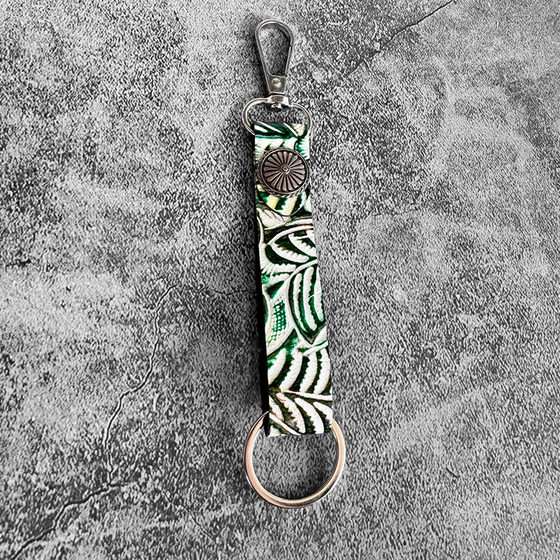 Porte-clés pendentif en cuir véritable gaufré de style occidental - Cercle vert - image 6