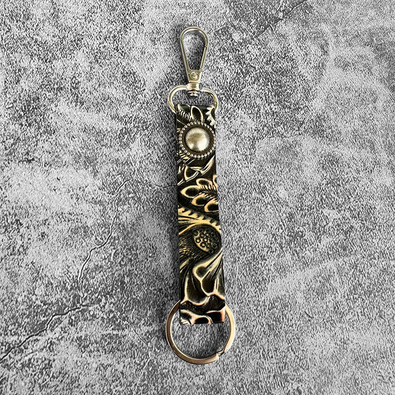 Porte-clés pendentif en cuir véritable gaufré de style occidental - Noir et jaune - image 4