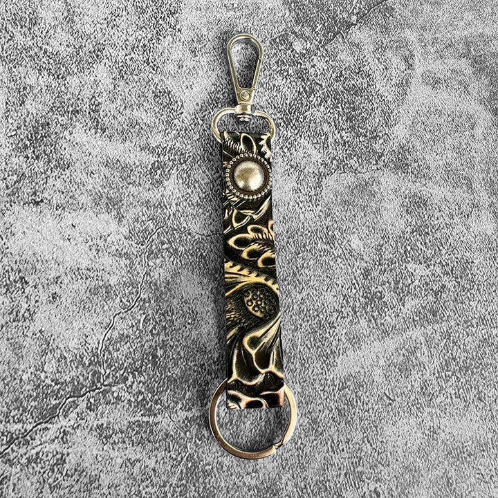 Porte-clés pendentif en cuir véritable gaufré de style occidental - Noir et jaune - image 4