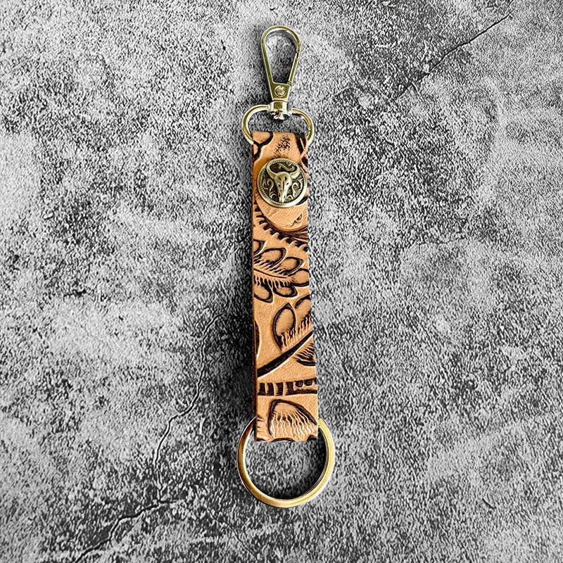 Porte-clés pendentif en cuir véritable gaufré de style occidental - Tête de taureau brune - image 2