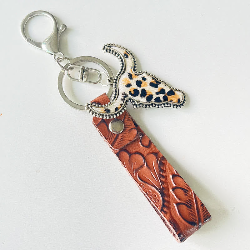 Porte-clés pendentif taureau en cuir marron de style occidental - Style #2 - image 2