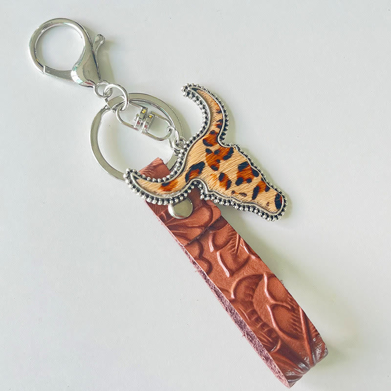 Porte-clés pendentif taureau en cuir marron de style occidental - Style #3 - image 3