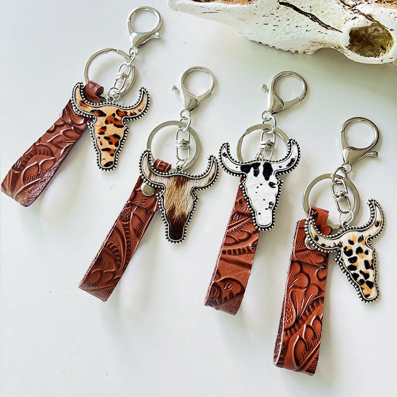 Porte-clés pendentif taureau en cuir marron de style occidental - image 0