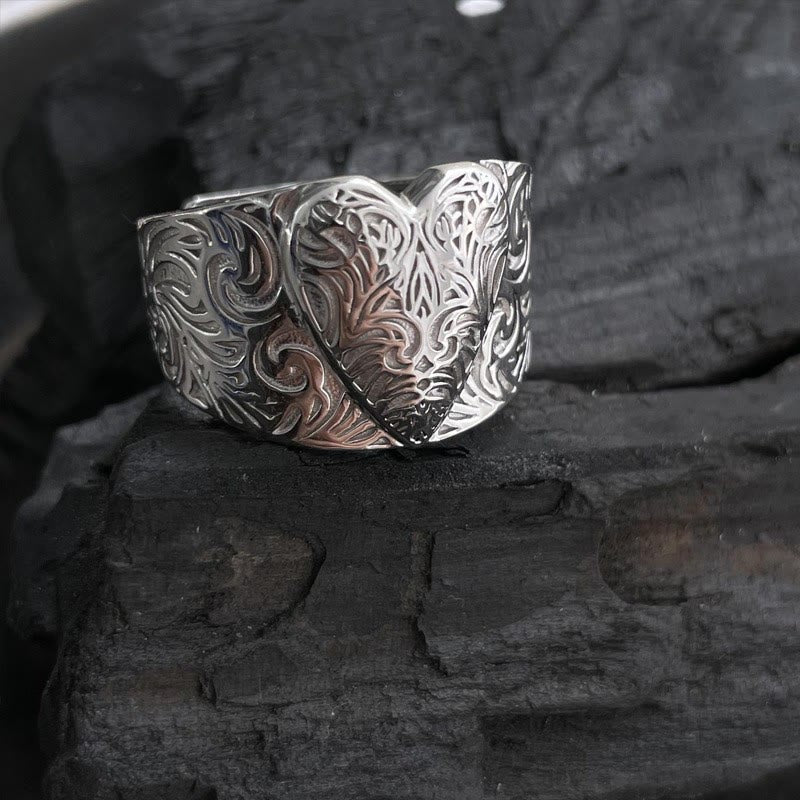 Bague ajustable en forme de cœur contrastant en or et en argent avec motif herbe - Argent - Réglable - image 2