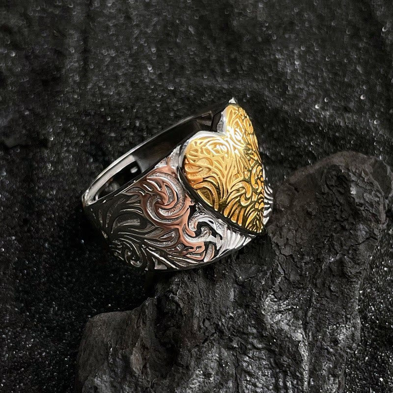 Bague ajustable en forme de cœur contrastant en or et en argent avec motif herbe - Or et argent - Réglable - image 0