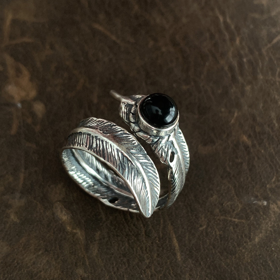 Bague vintage en argent émaillé noir avec plume tombante - Argent - Réglable - image 0