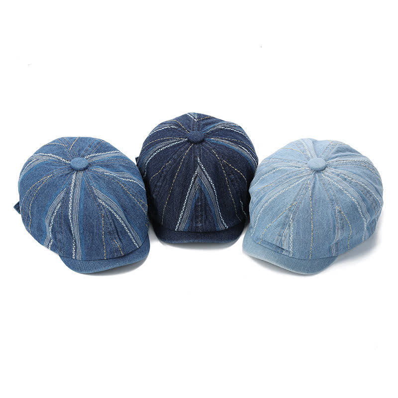 Casquette gavroche à rayures en denim, béret octogonal - image 1