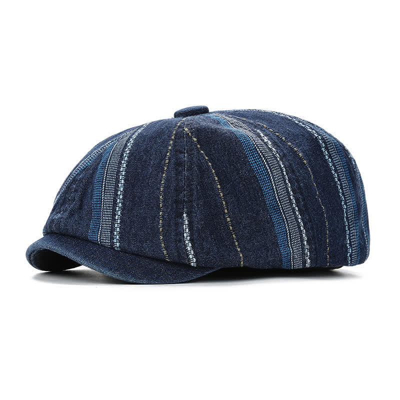 Casquette gavroche à rayures en denim, béret octogonal - Bleu foncé - Réglable (22"-23 1/4") - image 0