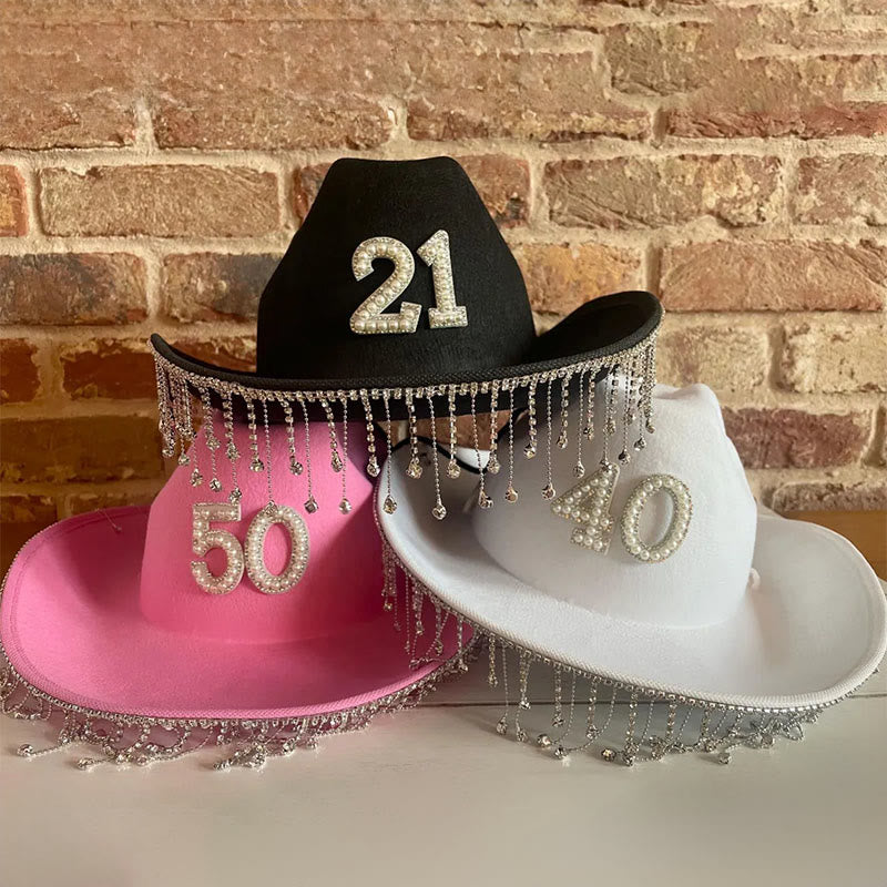 Autocollant de lettre numérique DIY à pompon et perles à la mode pour chapeau de cowboy - image 0