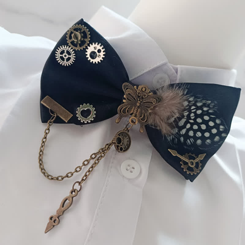 Nœud papillon à plumes et pois blancs style steampunk - image 2